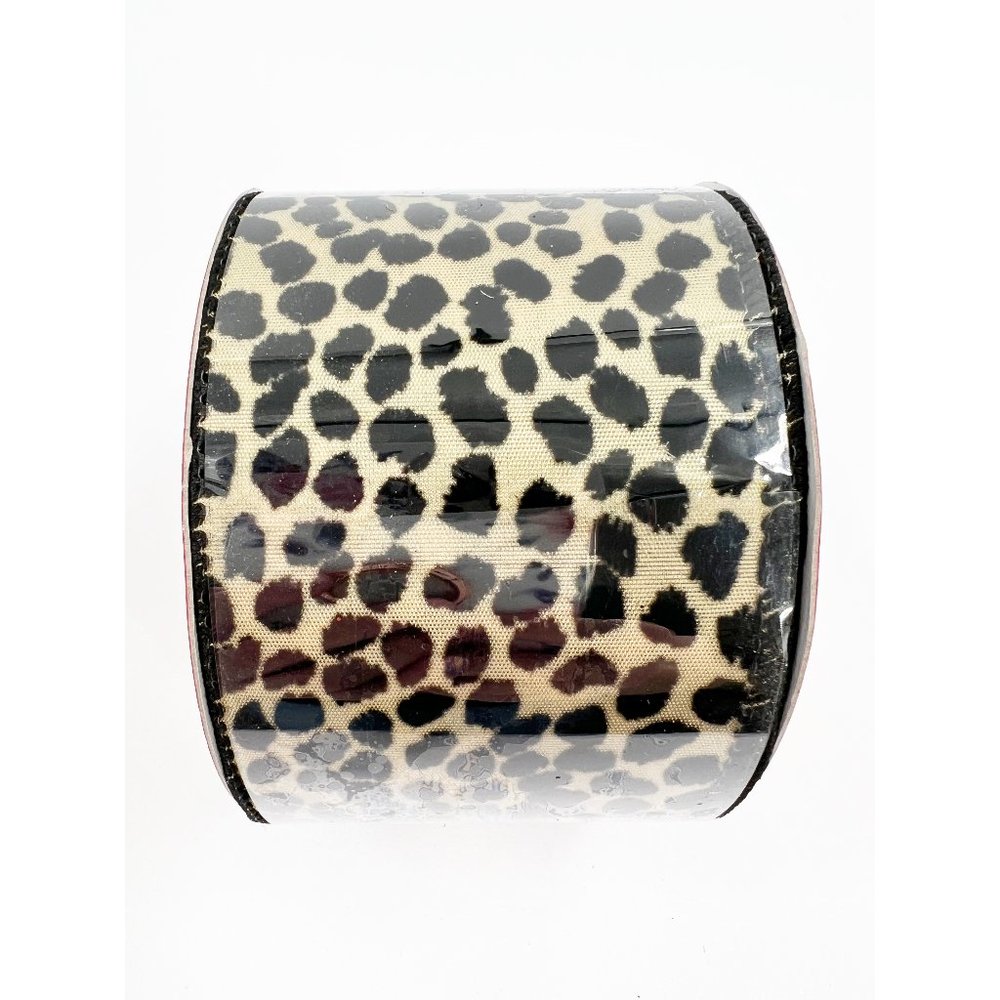 NEW Christmas Wired Ribbon Gold with Black Flocked Leopard Spots  2.5”